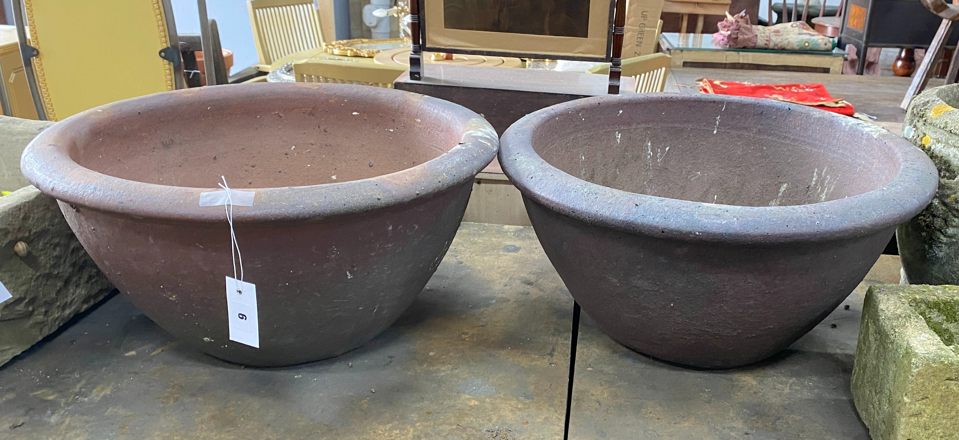 A near pair of circular terracotta garden planters, larger 55 cm Dia, H 27 cm